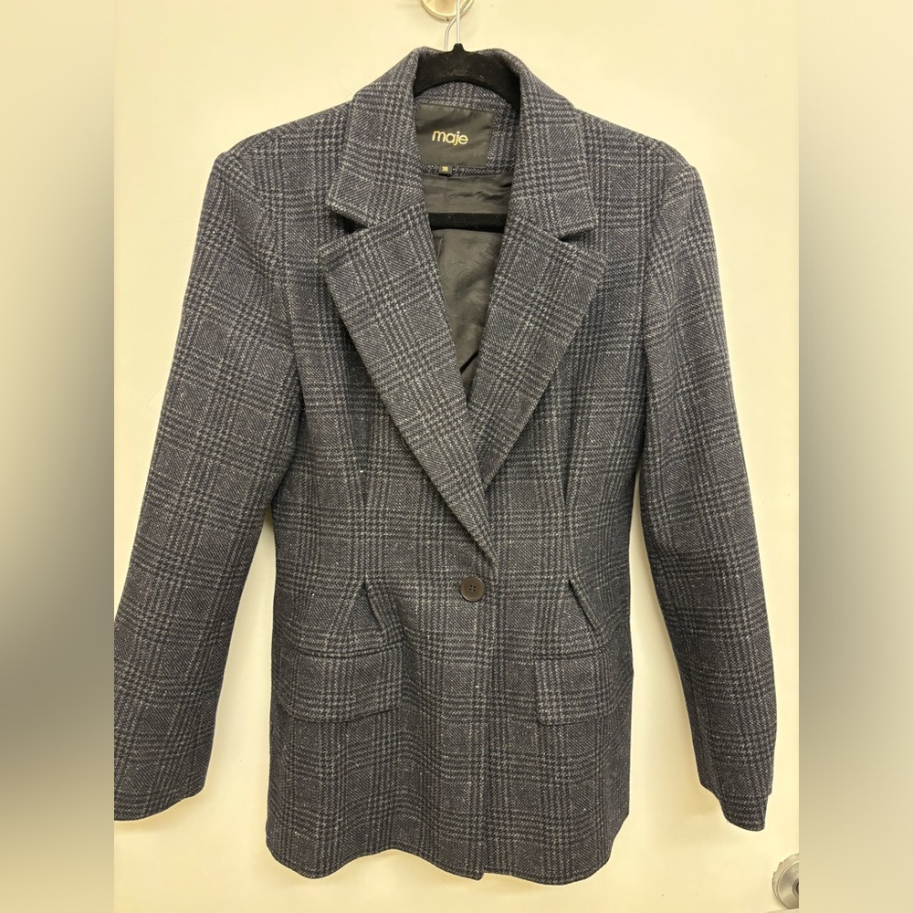 Maje Varri Navy Checked Wool Blazer